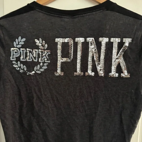 PINK Victoria Secrets Grey/Blacj with Sequence Tshirt Size L - Picture 8 of 9